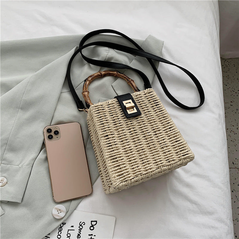 white braided ladies one shoulder crossbody holiday beach bag with zipper buckle closure