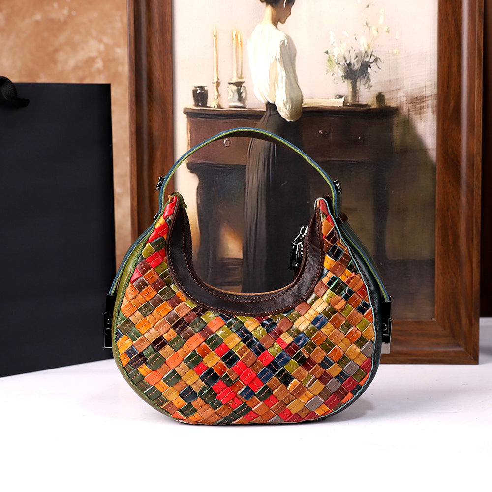 Womens colorful woven full-grain leather crossbody bag with dumpling shape and single strap