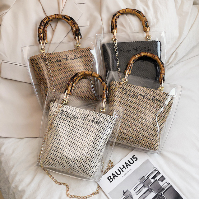 Transparent women's beach woven bucket bag with polyester cotton lining and shoulder strap