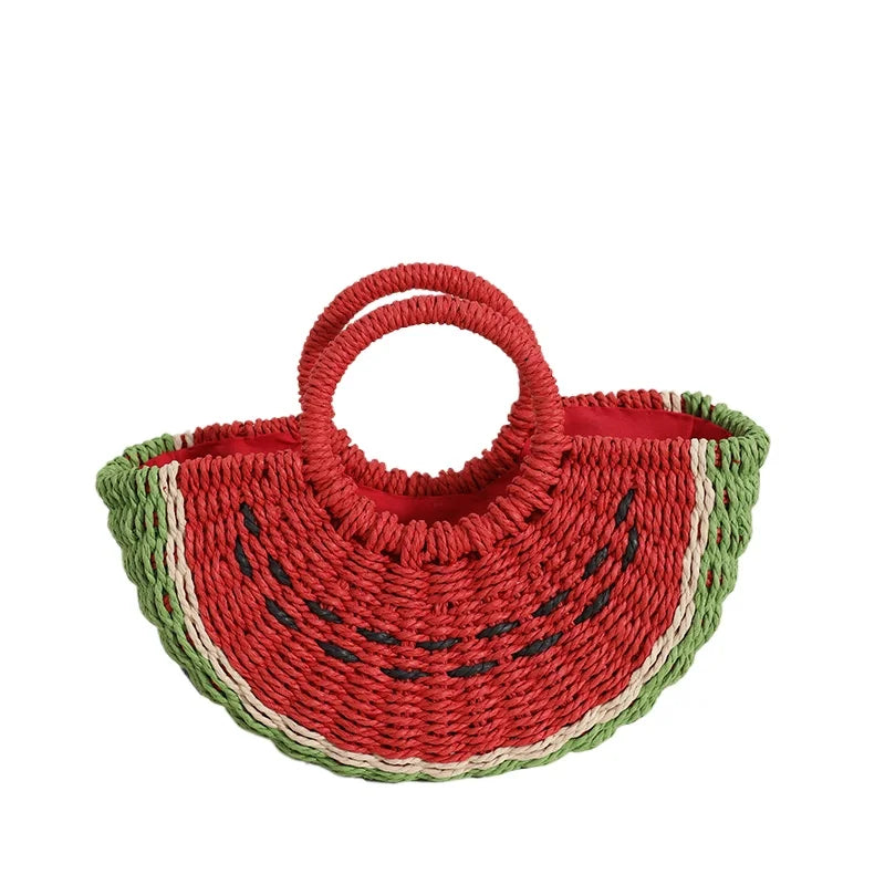 Watermelon straw women's shoulder bag with fruit design, handmade luxury crossbody handbag