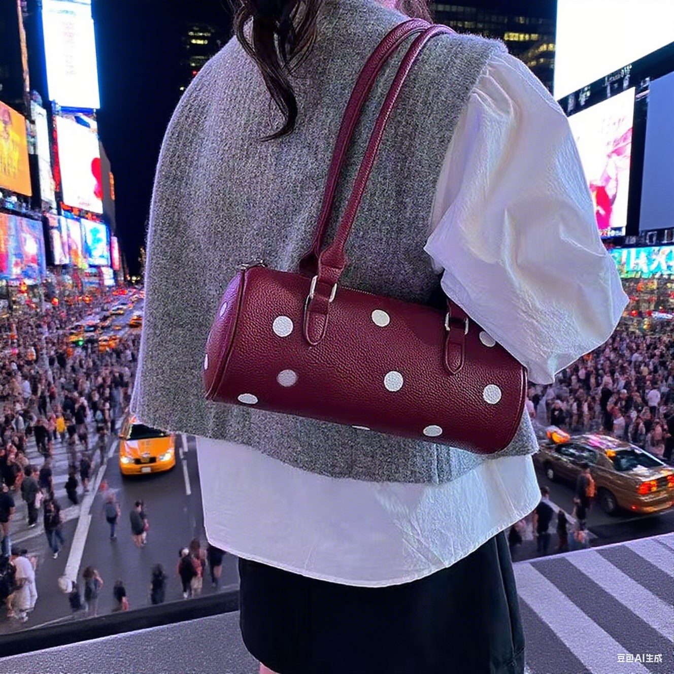 Cylindrical women's bag with pendant, PU material, pillow shape, zipper closure, shoulder strap, 3L capacity, casual fashion handbag