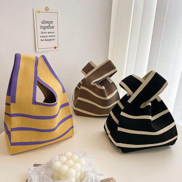 All-matching striped wool knitted oval wool handbag in black, yellow, and coffee colors for daily use