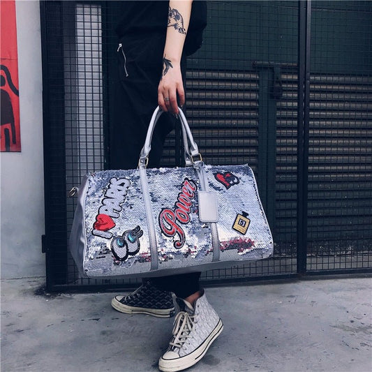 Travel Bag Sequins Overnight Bag Portable Duffle Bags Large Capacity Quitte Bags for Women Men Big Weekend Tote Pink - The Posh Pouch by Julia M
